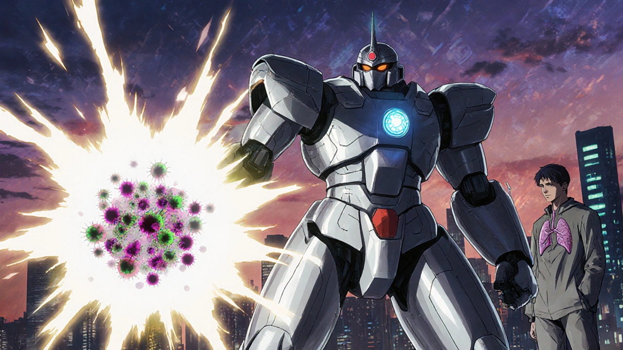 Azithromycin robot delivers a powerful energy blast while Rulide observes, set against a cityscape of lungs and bronchi.