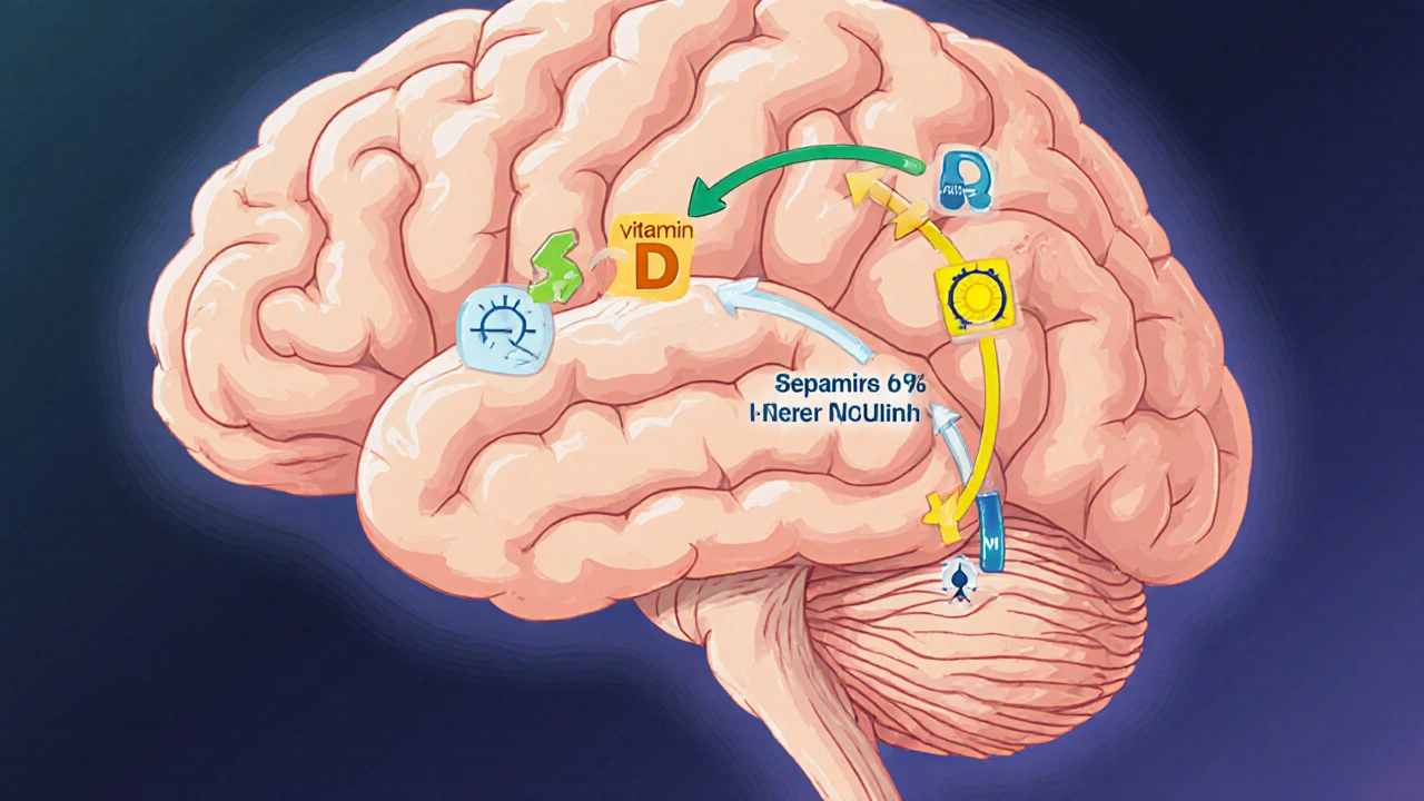 Brain cross‑section showing vitamin‑driven neurotransmitter pathways.
