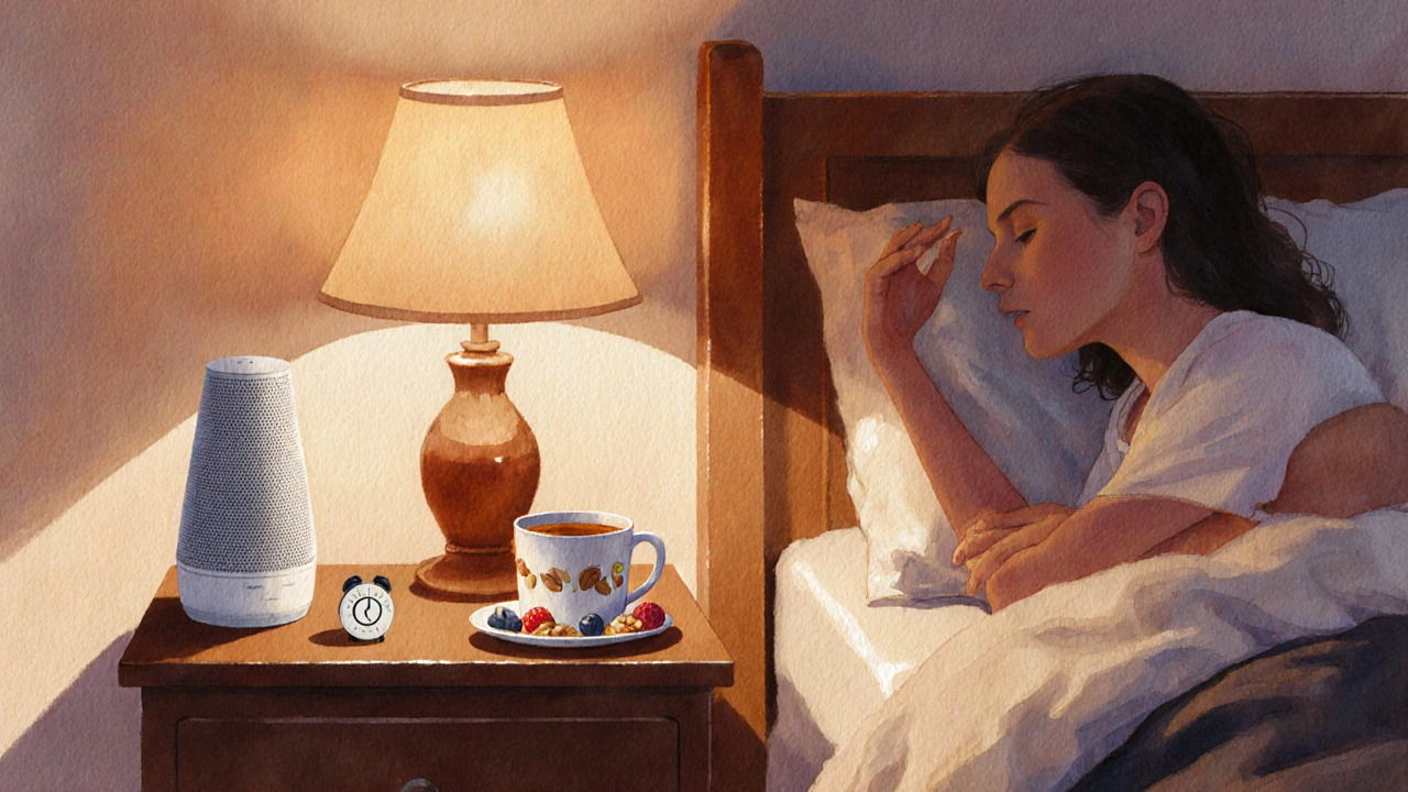 Cozy bedroom scene showing sleep hygiene items and protein‑rich snacks beside a patient.