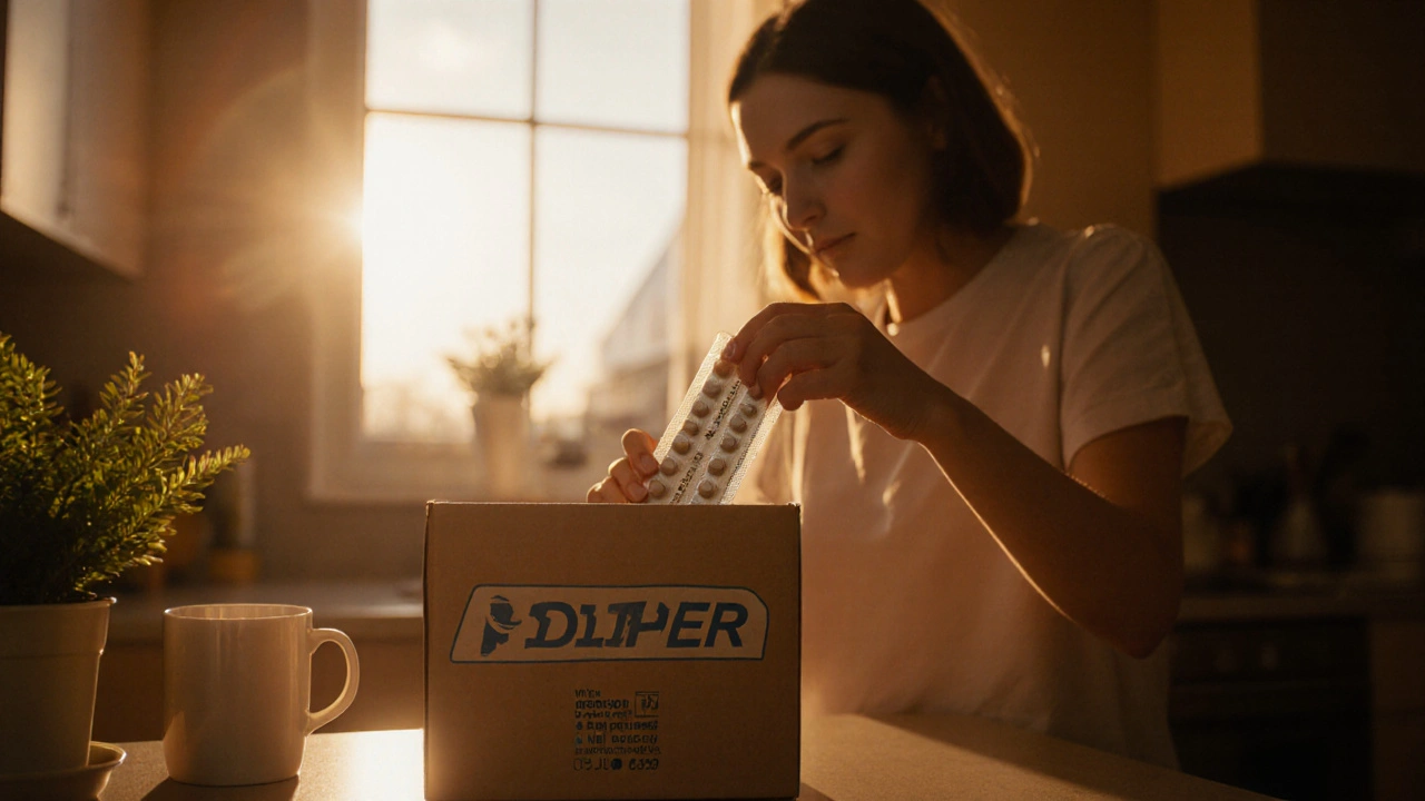 Customer opening delivery box, inspecting generic medication, smiling with relief.