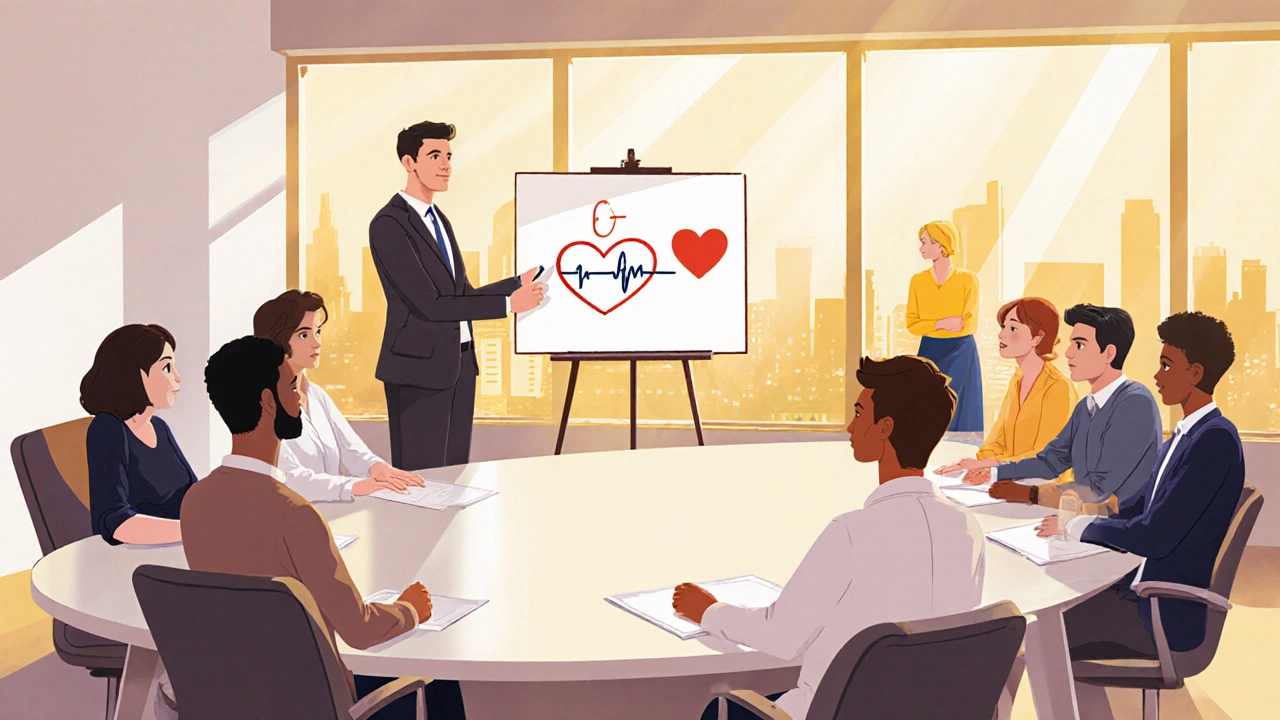 Diverse employees attend a workplace training session with a health icon on a whiteboard.