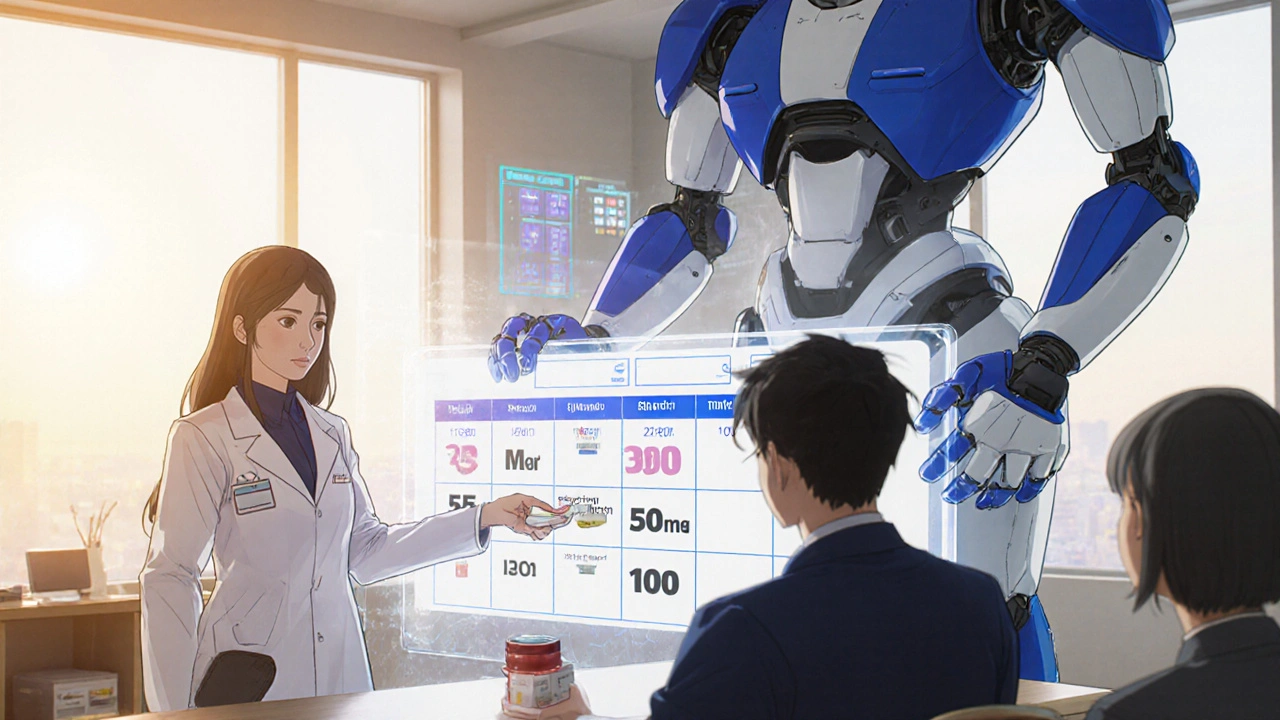Doctor and large robot hand offering lamotrigine pills in a bright office with titration chart.