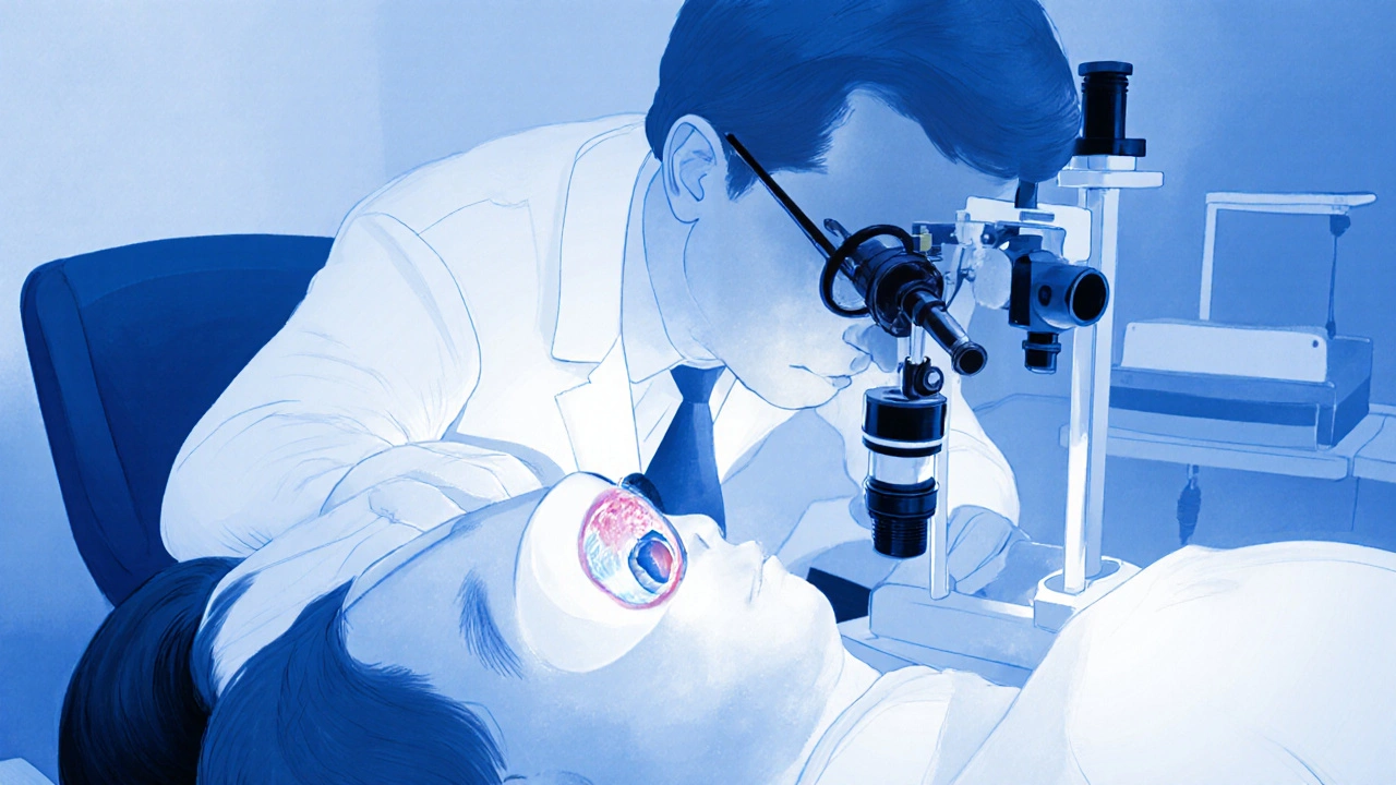 Doctor examining eye with slit‑lamp in a clinical setting.
