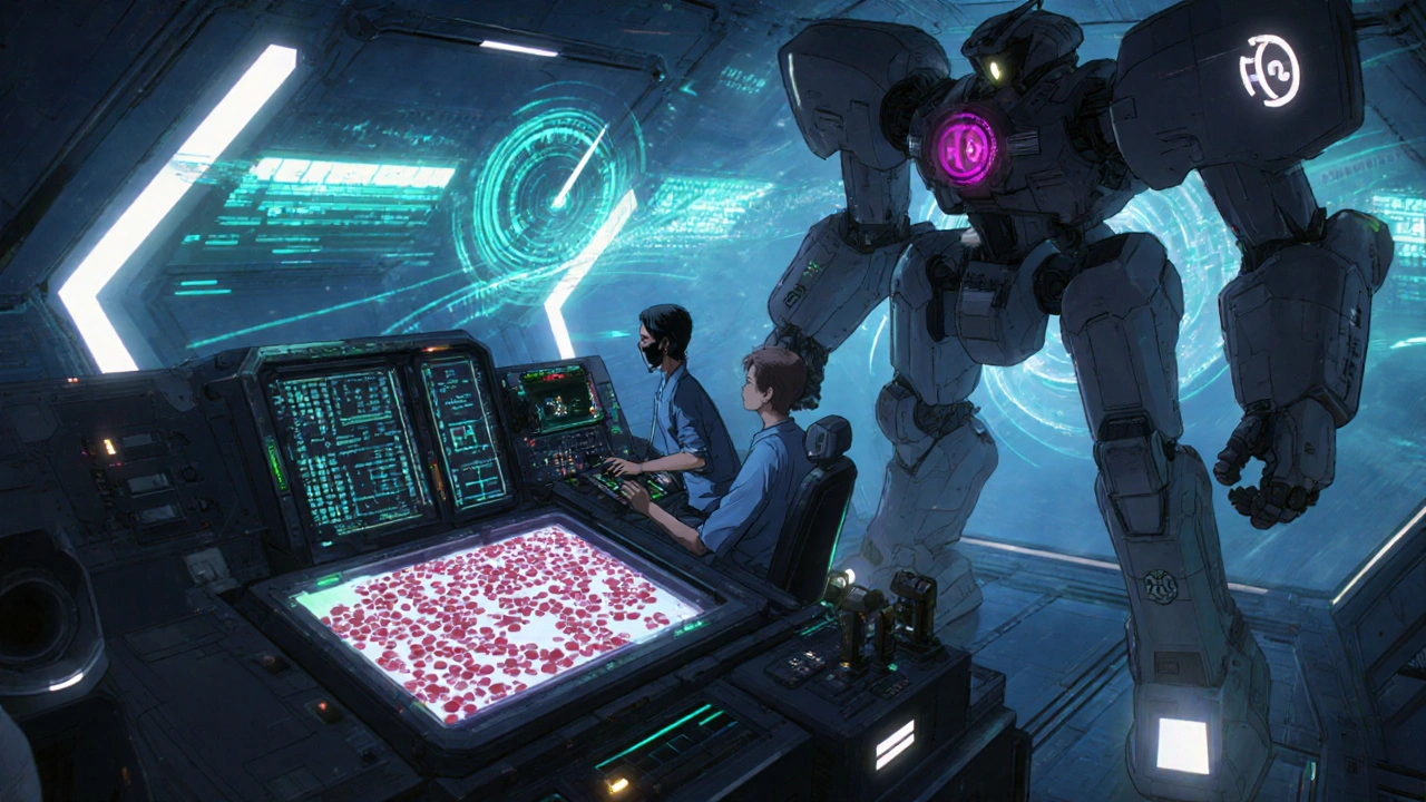 Doctors in a robot cockpit reviewing blood smear and ADAMTS13 data on holographic screens.