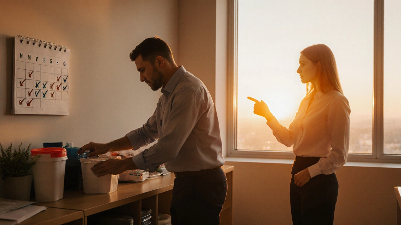 Employee restocks supplies while HR watches, sunrise lighting suggesting a return‑to‑work plan.