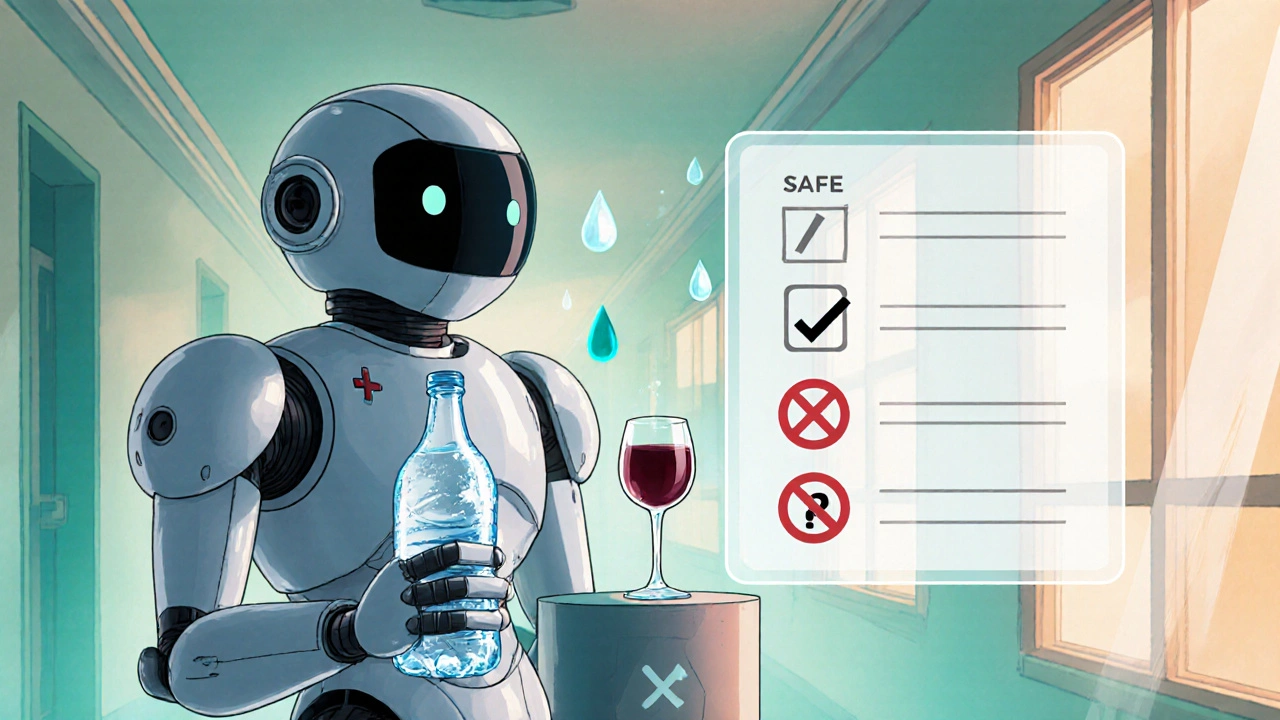 Friendly robot pharmacist displaying a safety checklist beside a wine glass.