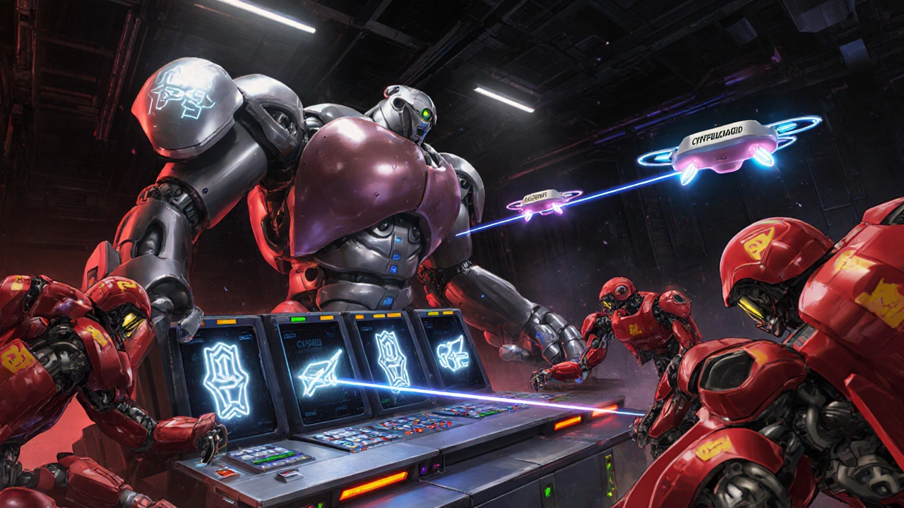 Futuristic liver control room with robot inhibiting enzymes as alcohol bots approach.