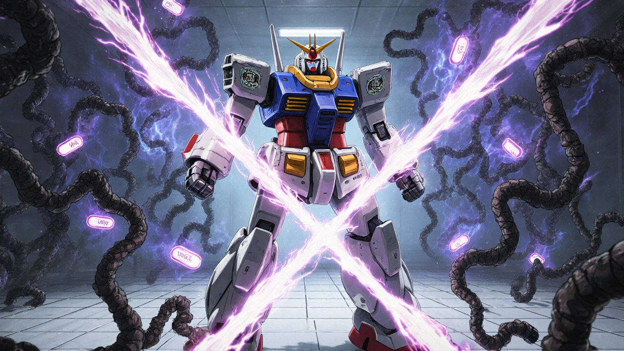 Giant robot blasting plasma and nanobots at clot-like structures while drug molecules dissolve.