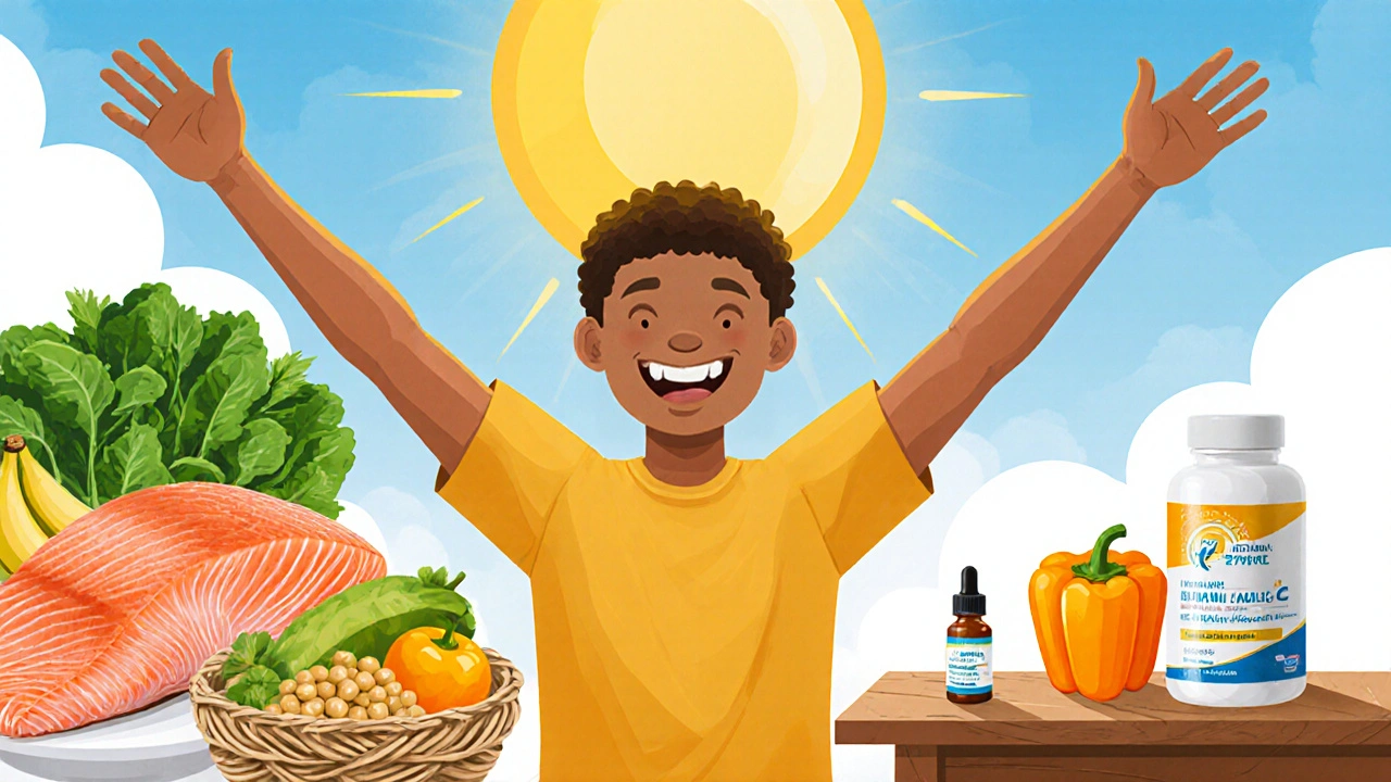 Happy person outdoors surrounded by vitamin‑rich foods and supplements.