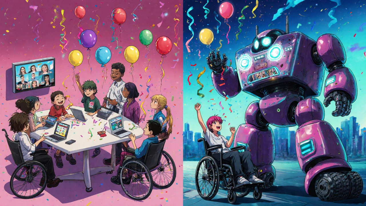 Hybrid support group celebration with families, laptops, and a friendly robot handing out balloons.