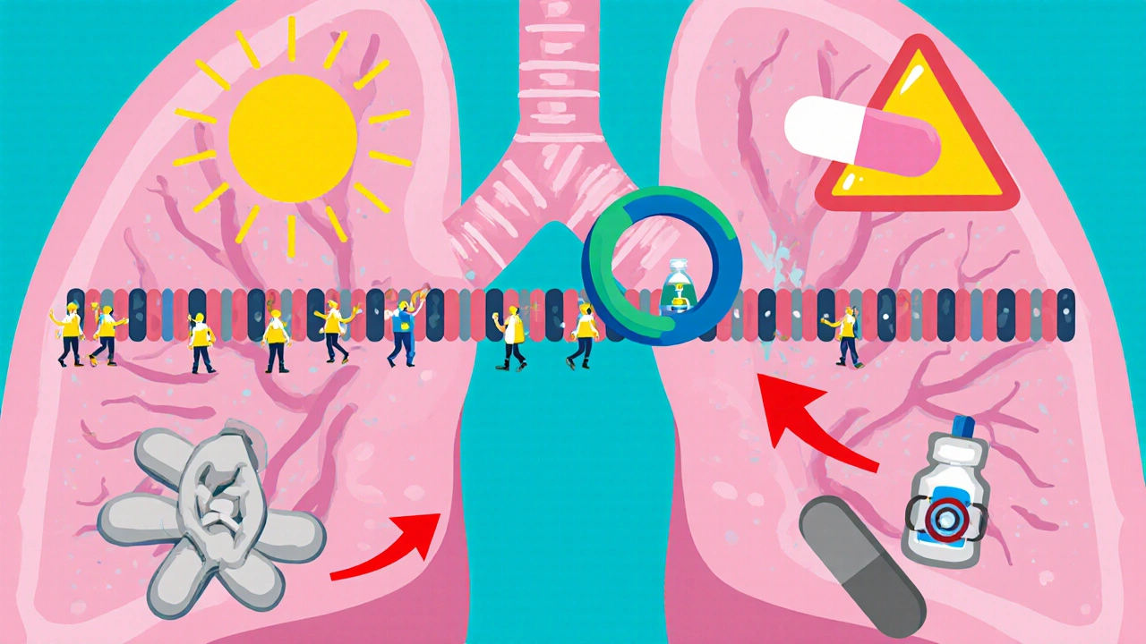 Illustration of a bacterial factory jammed by azithromycin, with icons for other antibiotics&#039; side effects.