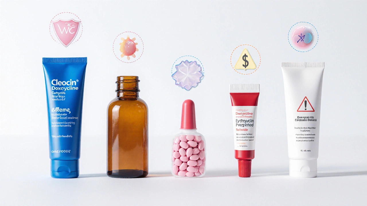 Illustration of six acne treatments with icons representing their benefits and drawbacks.