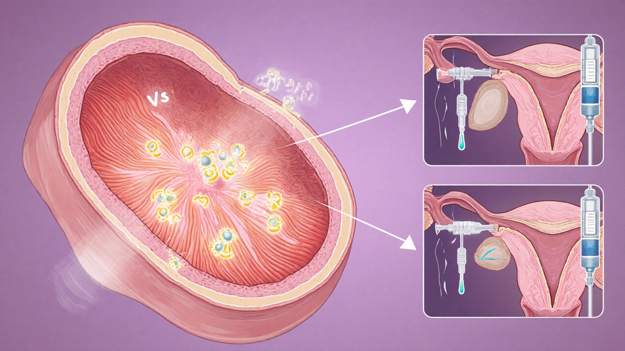 Illustration of uterine contractions with drug molecules binding to receptors and alternative drug actions.