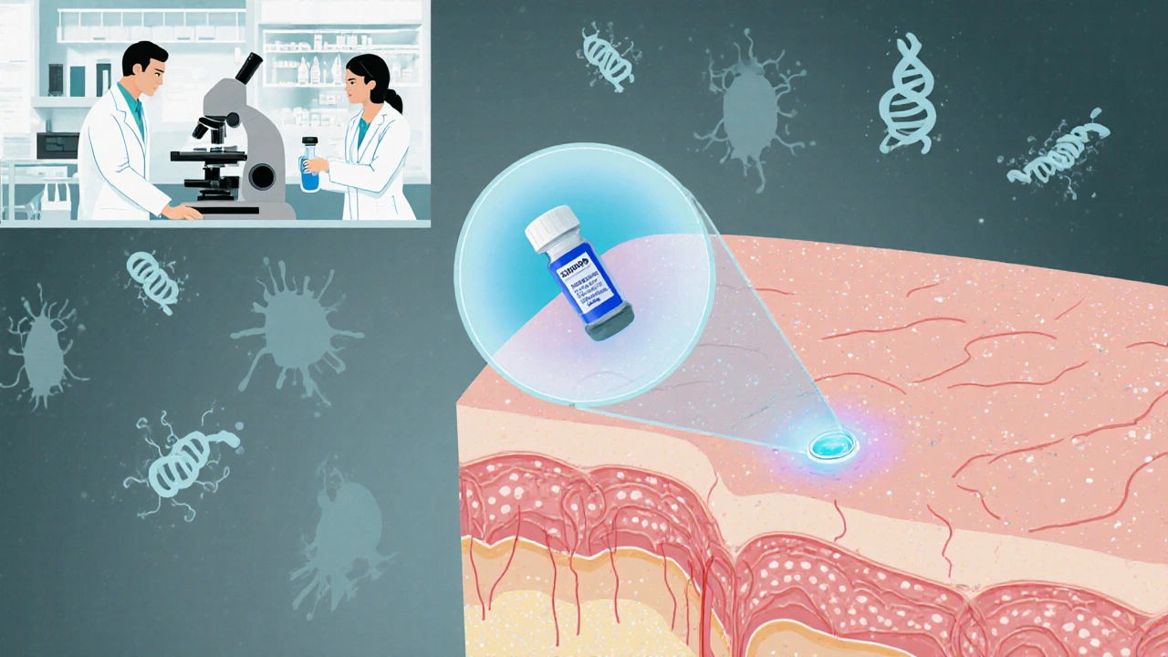 Medical illustration of liposomal clindamycin targeting a skin follicle alongside a lab scene.