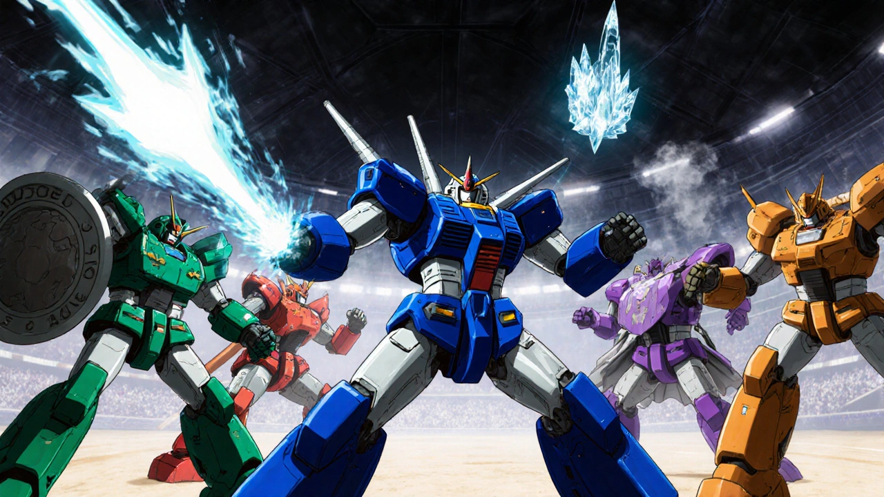 Multiple super robots battling in an arena, each symbolizing a different antiemetic drug.