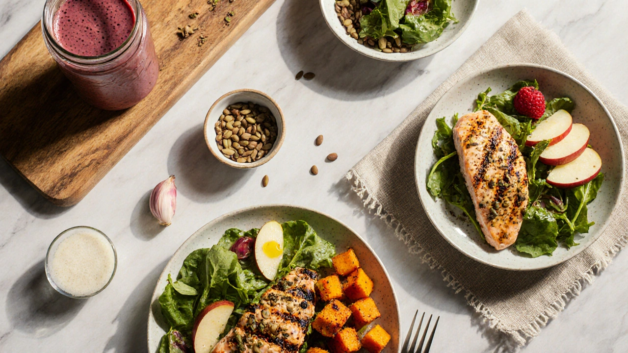 Overhead view of meals: kefir smoothie, pumpkin and papaya seeds, garlic, salad, salmon, and sweet potatoes on a kitchen table.