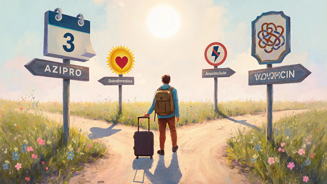 Painterly scene of a traveler at a crossroads with signposts representing five antibiotics.