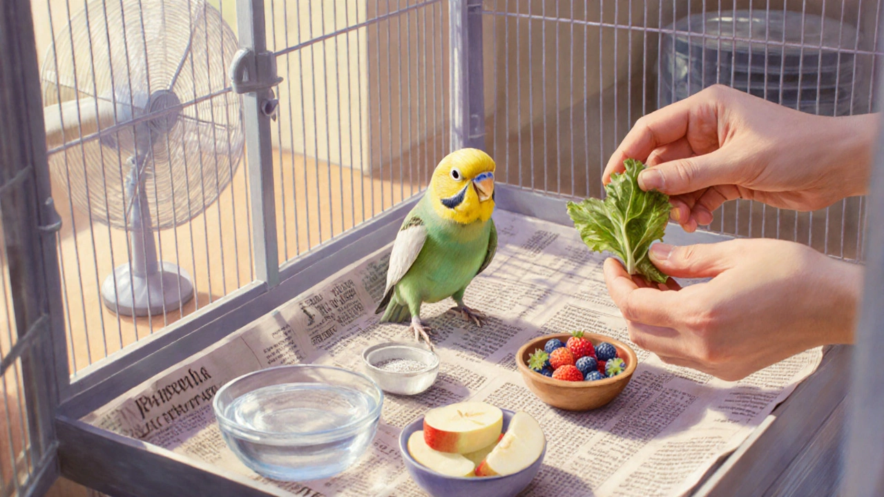 Pastel scene of a bird receiving fresh food, water, and dust bath in a clean, calm cage.