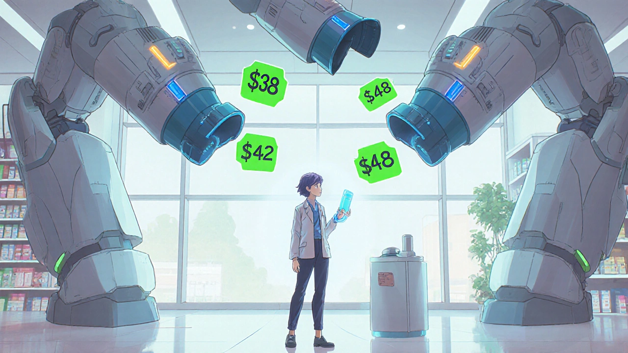 Patient consults a robot assistant while choosing an inhaler, with cost tags floating nearby.