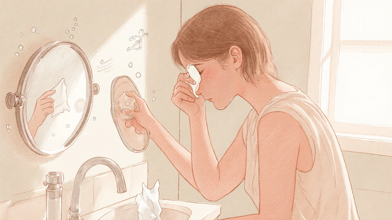 Person checking eye with mirror, cool compress, and signs of swelling.