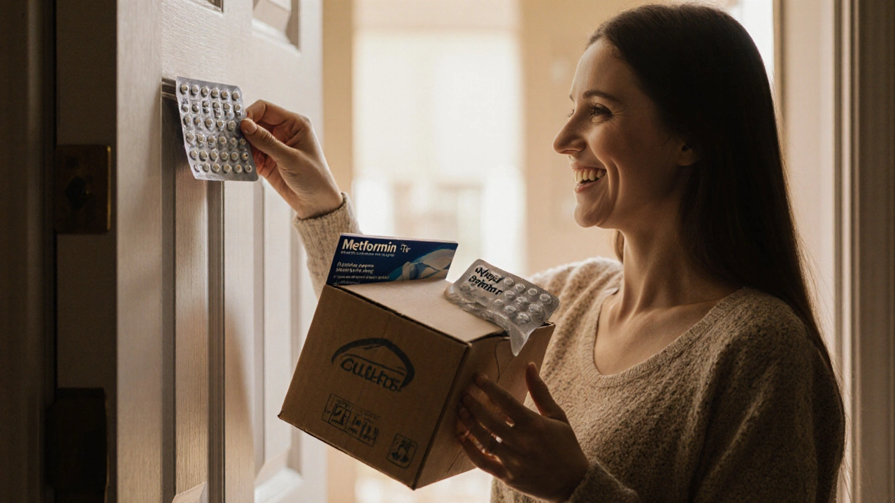 Person opening delivery box to reveal Metformin blister pack and smiling.