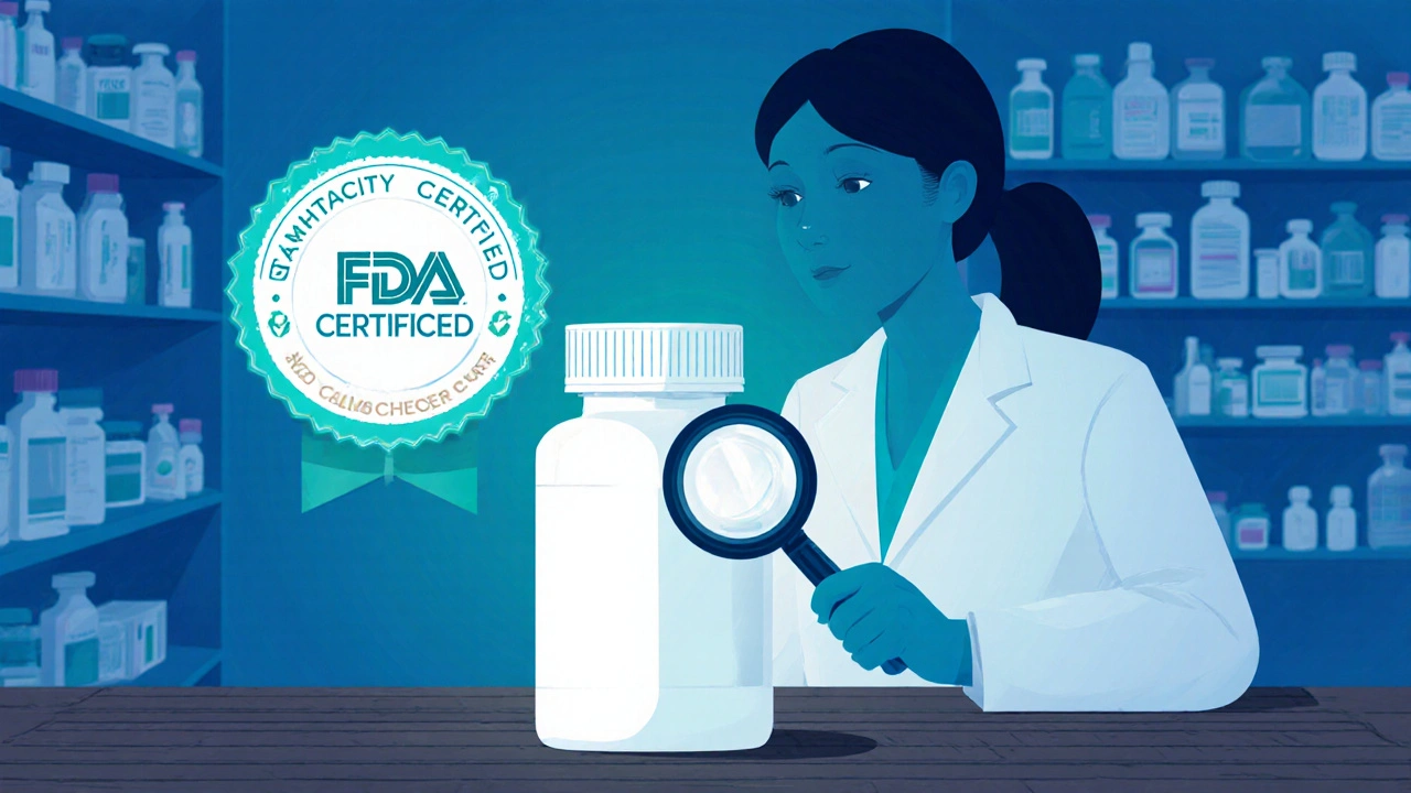 Pharmacist examining a sealed pill bottle with magnifying glass, checking authenticity seals.