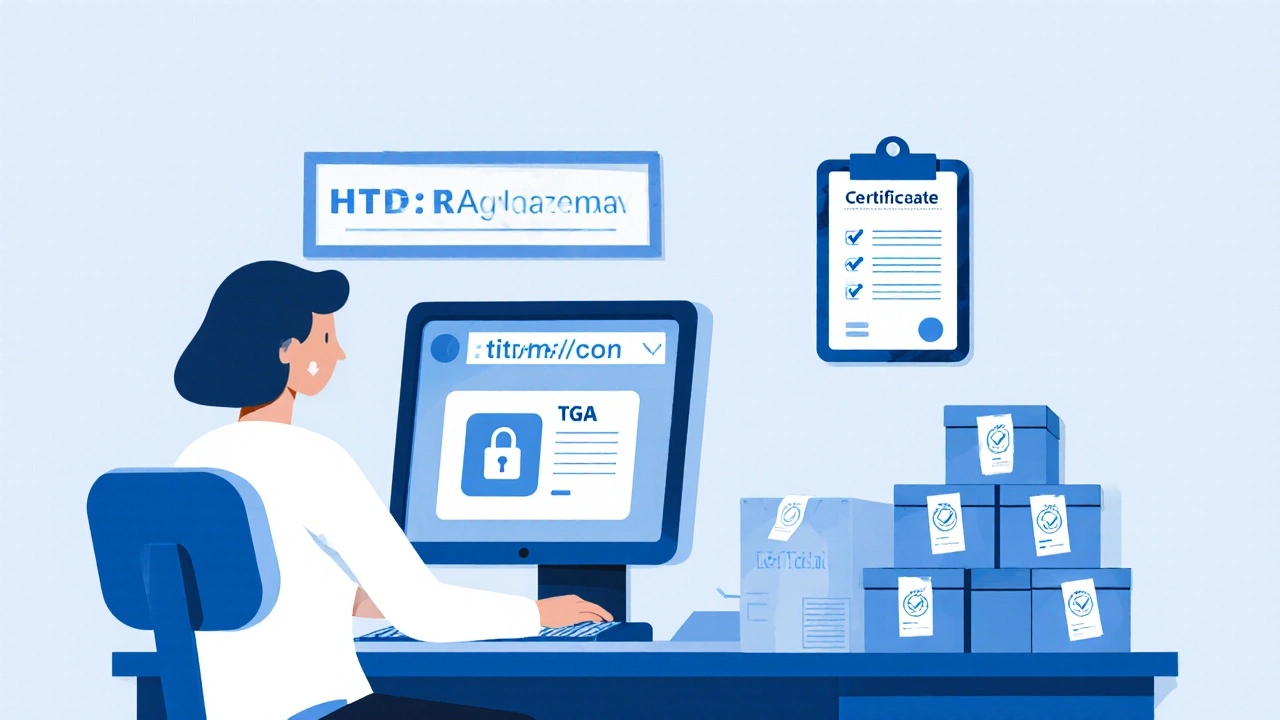 Pharmacy desk showing HTTPS screen, TGA certificate, and shipping boxes.