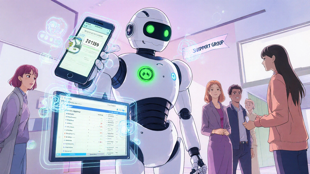Robot beside holographic helpline, app, and support group icons, with diverse people gathering.