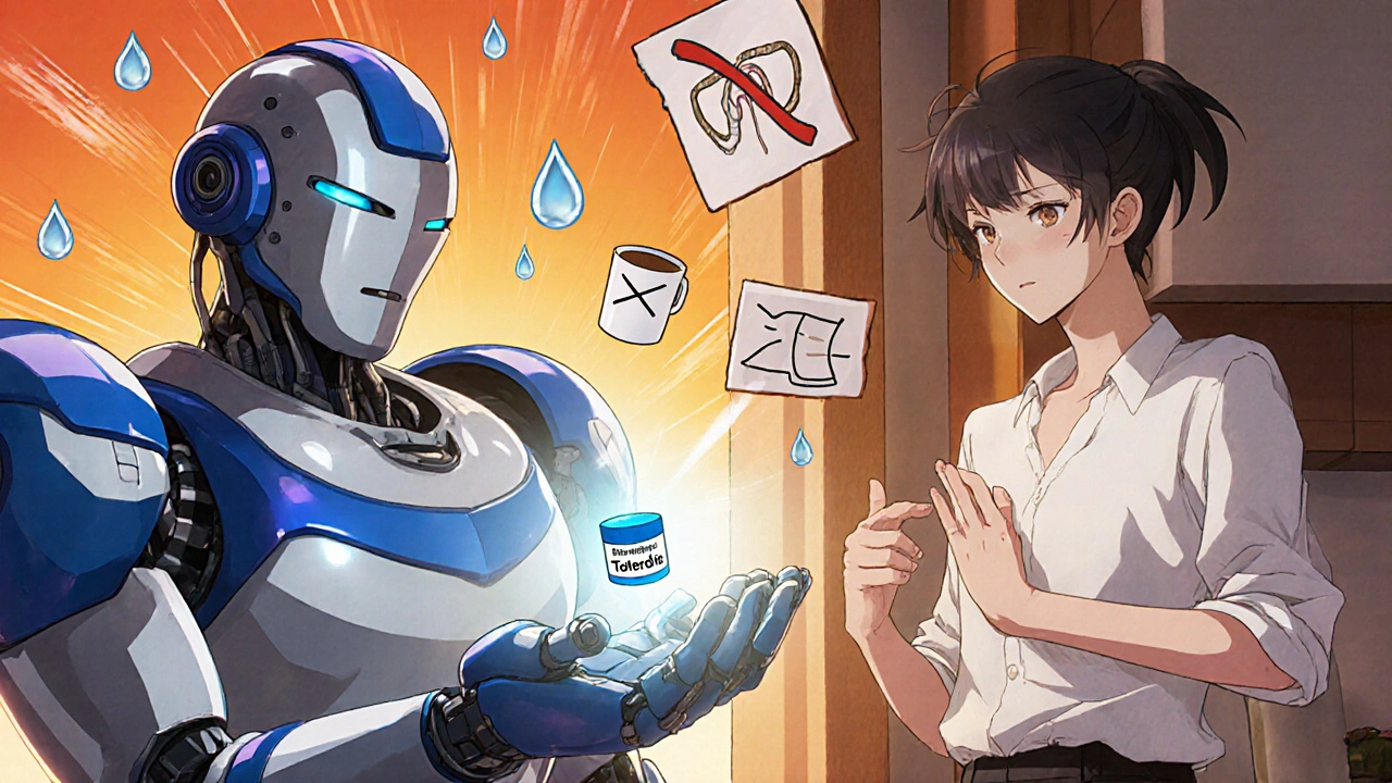 Robot handing a blue Tolterodine pill to a person doing pelvic floor exercise, with health icons.