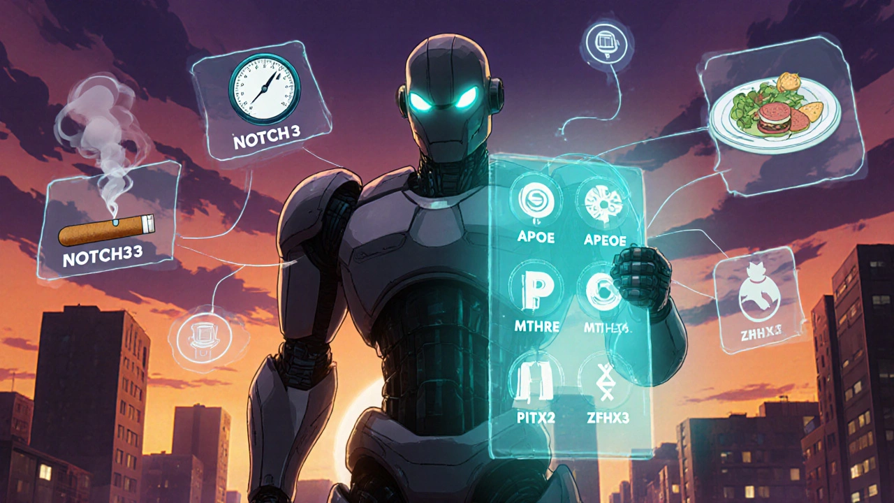Robot in city dusk with floating icons for smoking, blood pressure, and diet linked to gene symbols.