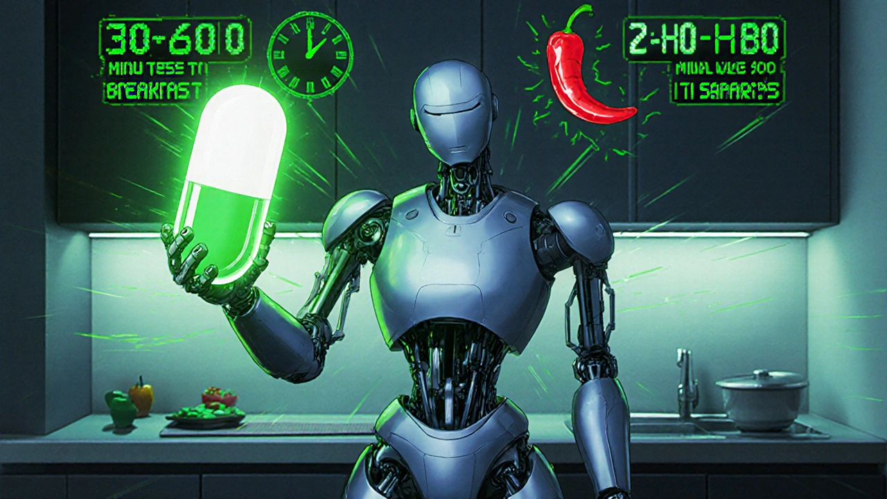 Robot juggling medication capsules and a hot chili, illustrating timing.