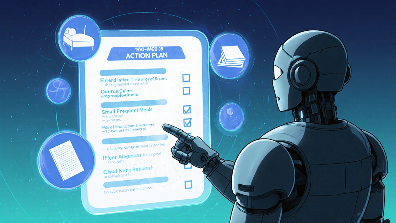 Robot reviewing a holographic two‑week plan with elevated bed and meals.