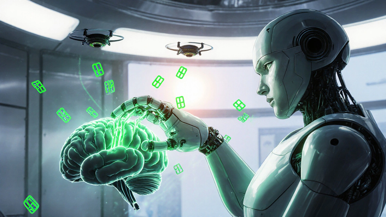 Robot using CRISPR arm to edit a NOTCH3 gene strand in a futuristic operating theater.