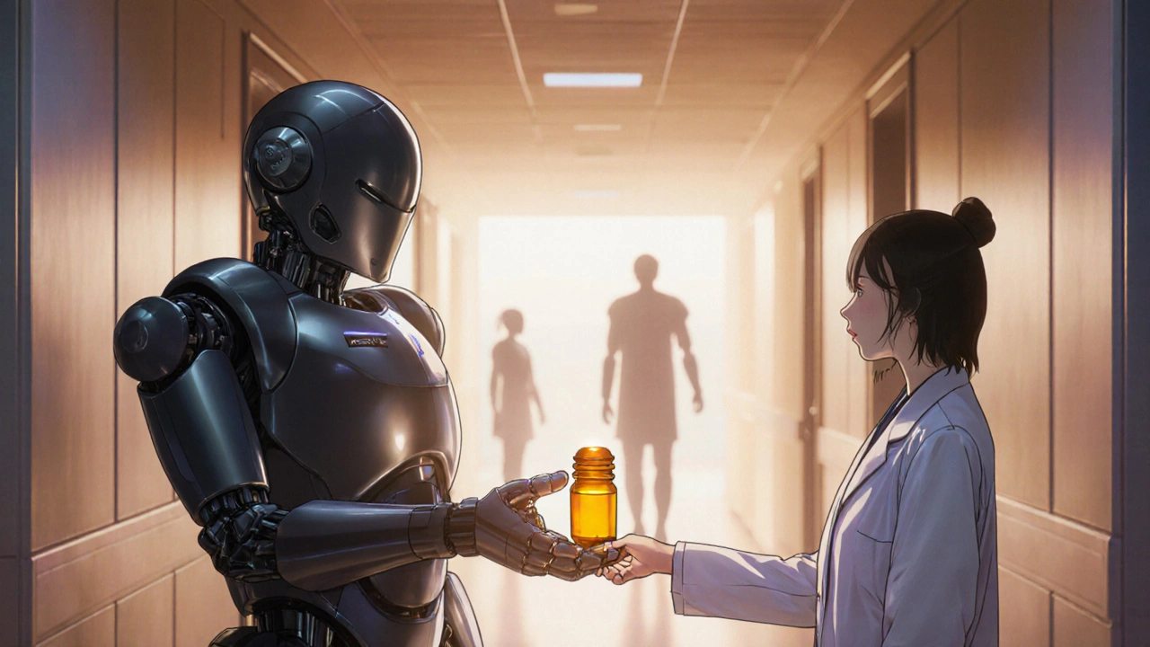 Super robot handing a glowing capsule to a doctor in a futuristic clinic hallway.
