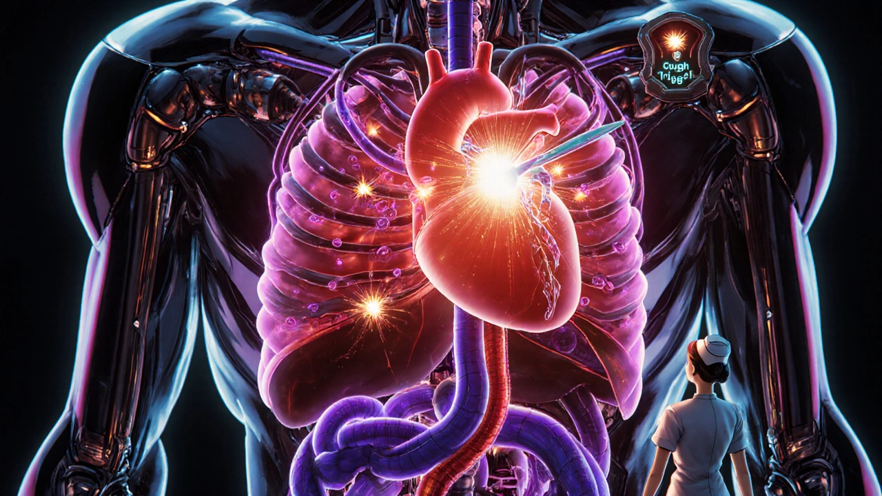 Super‑robot heart pumps bradykinin and prostaglandin particles in airway.