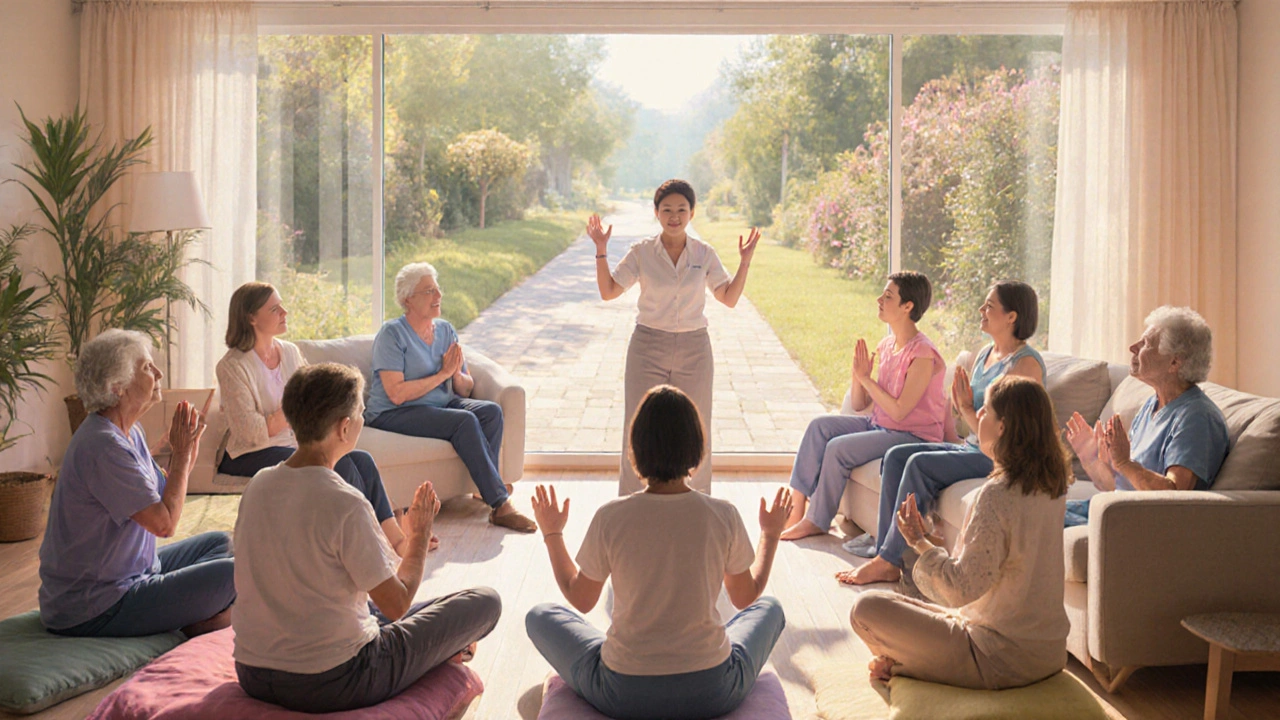 Support group circle of patients and caregivers sharing and practicing gentle breathing.