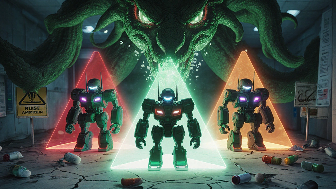 Three antibiotic robots stand ready against a viral dragon, each glowing with distinct auras in a hospital battlefield.