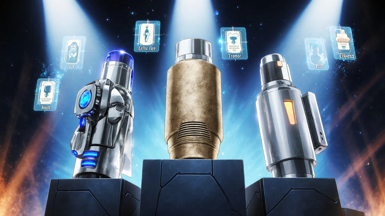 Three robot‑styled inhalers—MDI, DPI, and Ellipta—stand side by side with side‑effect icons.