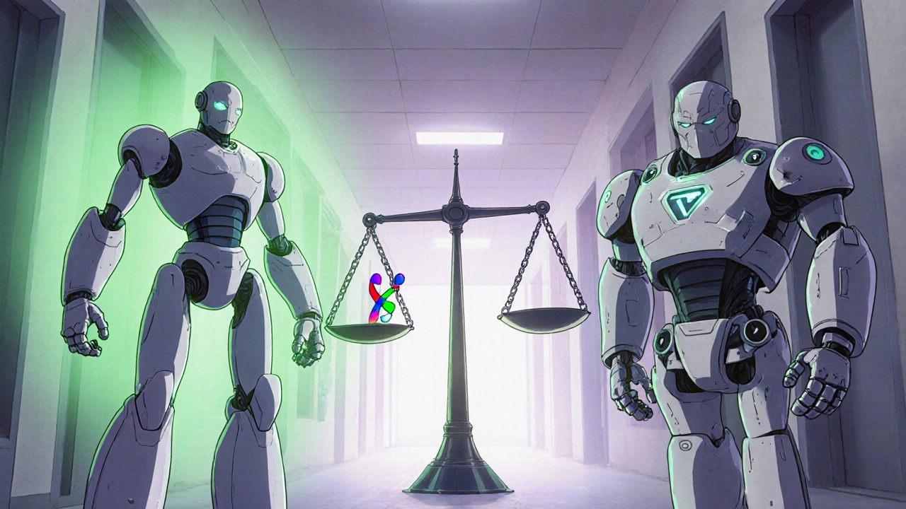 Three robots representing lamotrigine, SSRIs, and benzodiazepines balanced on a scale.