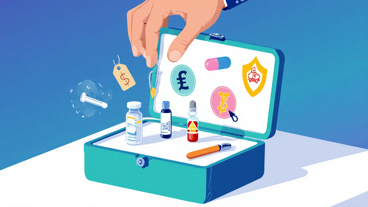 Toolbox scene showing drug icons with price and safety symbols for selecting the right medication.