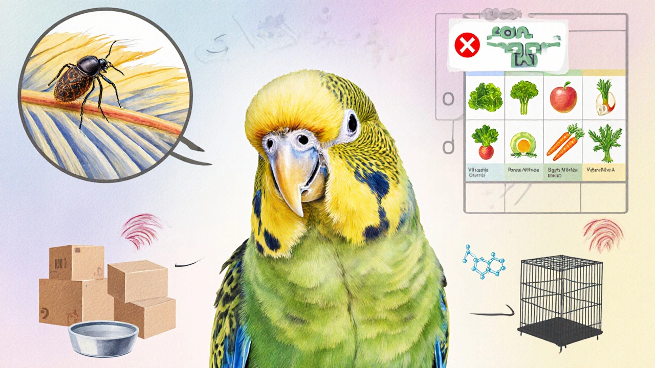 Watercolor showing parasites, nutrition gaps, stress, hormones, and infection around a stressed parakeet.
