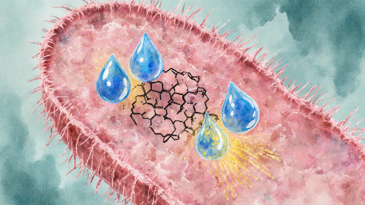 Watercolor view of bacteria cell wall being targeted by blue Cephalexin molecules.