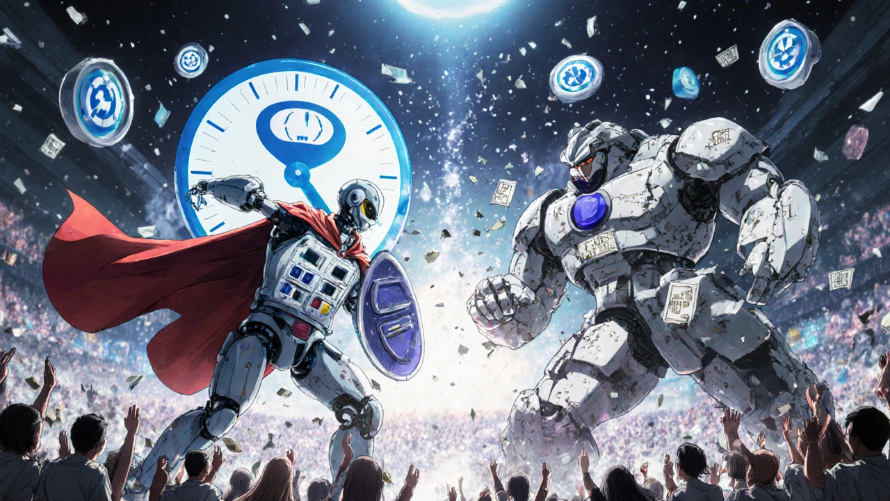 A battle between &#039;Consistency Bot&#039; and &#039;Timing Titan&#039; in a medical arena, with patients cheering and LDL targets breaking.