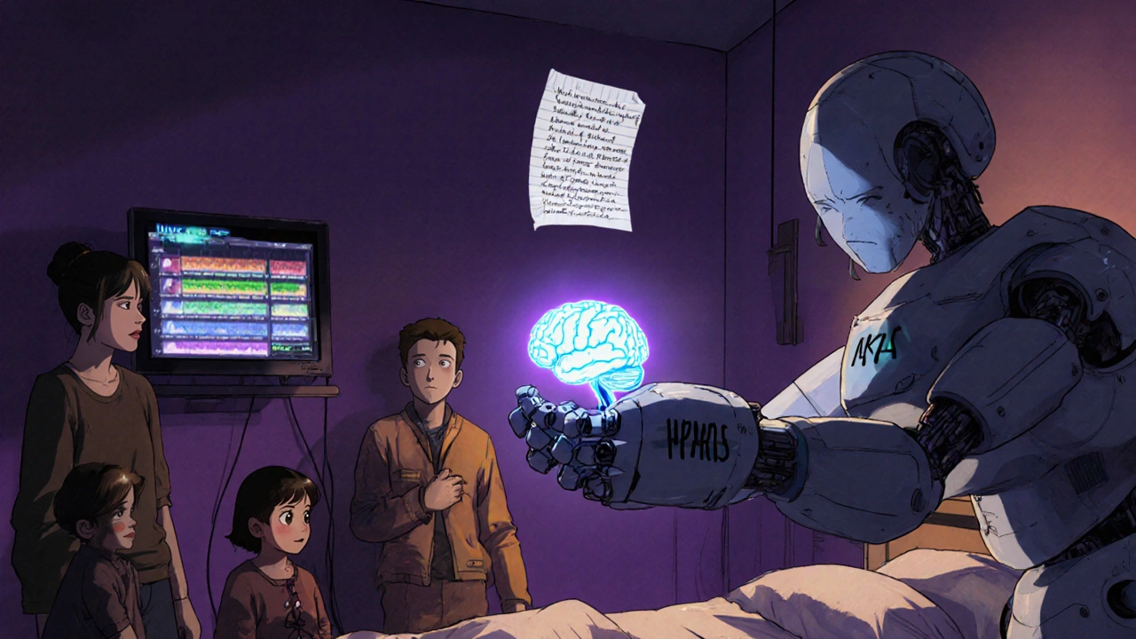 A family beside a monitor showing emotional spectra as a robot crushes a glowing brain shaped like an orb.