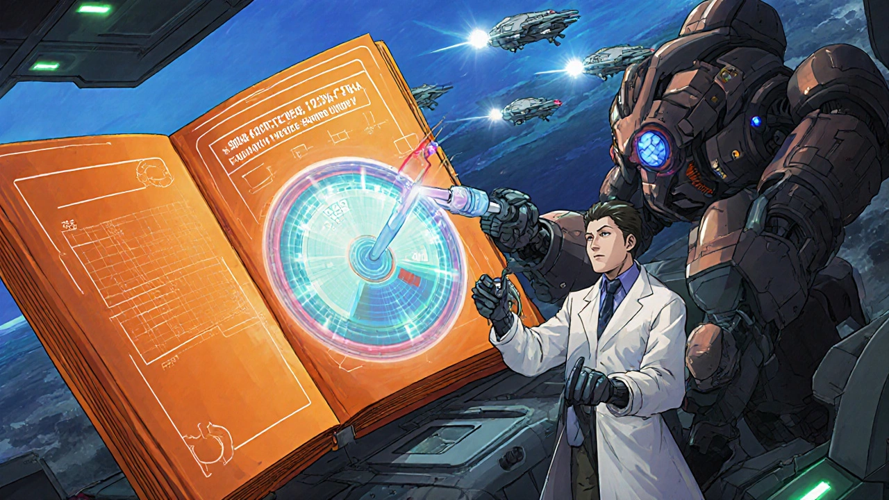 A futuristic FDA mecha tests drug equivalence under glowing holographic graphs.