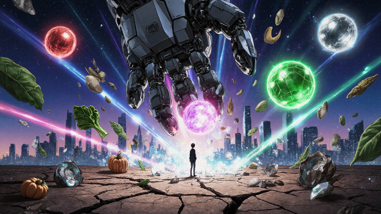 A giant robot hand harvesting nutrient orbs from cracked earth under a starry sky.
