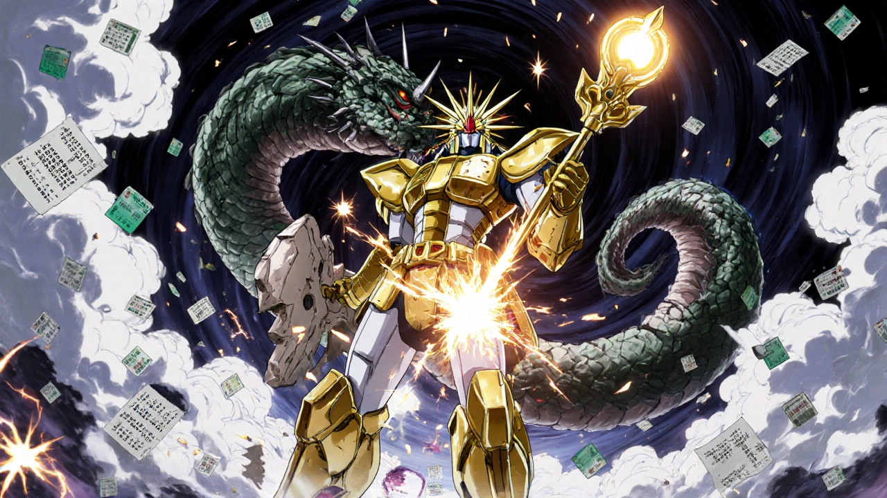A golden vitamin D warrior fighting a phosphate serpent with a radiant scepter, surrounded by floating lab values.