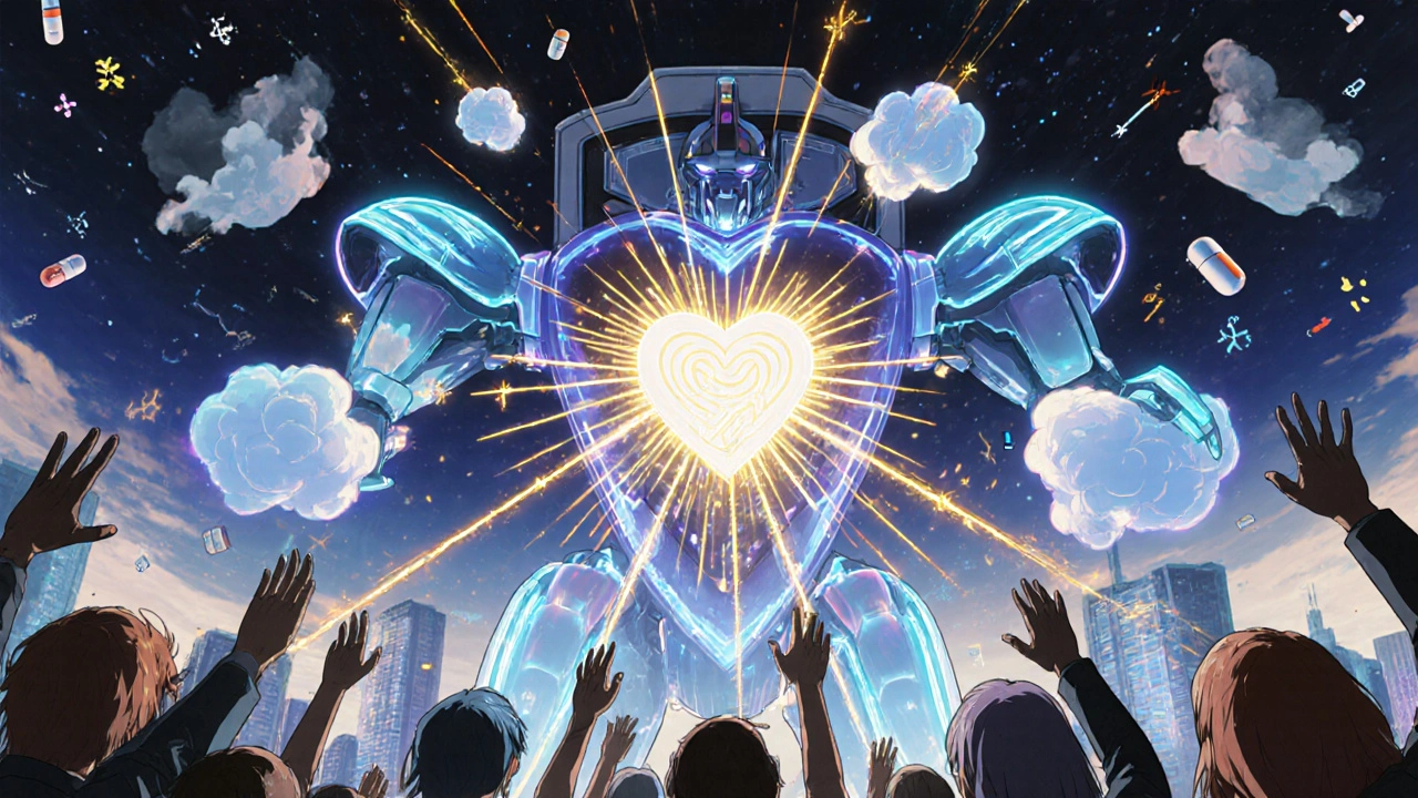 A heroic robot collecting symptoms into light streams, flowing toward a giant FDA shield under a cyberpunk sky.