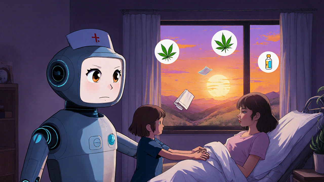 A holographic nurse guides a family in rural home care, with symbolic icons of balanced treatment glowing softly.