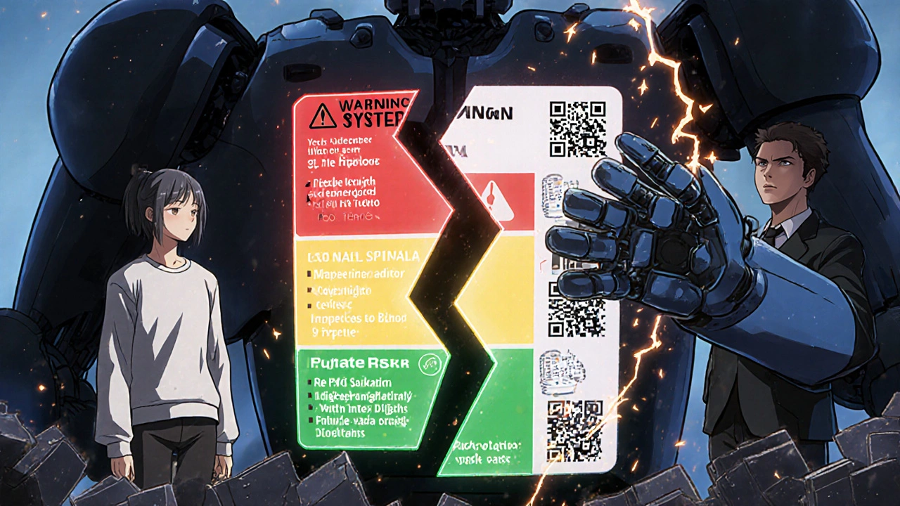 A patient and doctor stand before a fractured warning label being rebuilt into color-coded tiers with digital icons.